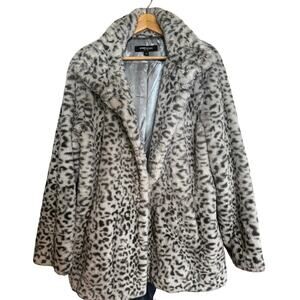 KENNETH COLE Womens White Leopard Faux Fur Coat Size Large
